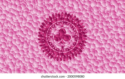 poker clover icon inside realistic pink emblem with bubbles background. Vector Illustration. Detailed. 