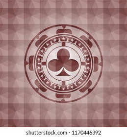 poker clover icon inside red seamless badge with geometric background.