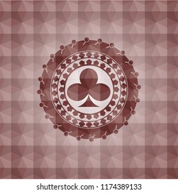 poker clover icon inside red seamless emblem or badge with geometric pattern background.