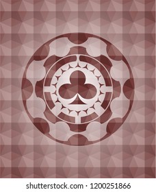 poker clover icon inside red emblem or badge with abstract geometric pattern background. Seamless.