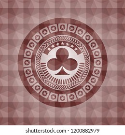 poker clover icon inside red emblem or badge with abstract geometric polygonal pattern background. Seamless.