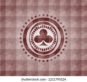 poker clover icon inside red seamless emblem or badge with abstract geometric pattern background.