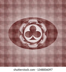 poker clover icon inside red seamless emblem or badge with geometric pattern background.
