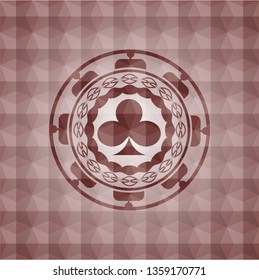 poker clover icon inside red emblem with geometric background. Seamless.