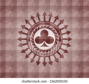 poker clover icon inside red emblem with geometric pattern background. Seamless.
