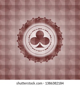 poker clover icon inside red emblem with geometric pattern. Seamless.