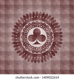 poker clover icon inside red seamless emblem with geometric background.