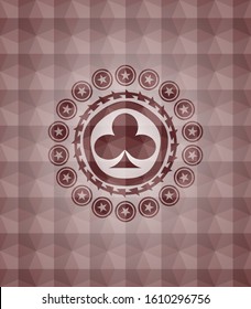 poker clover icon inside red seamless badge with geometric pattern background.