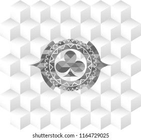 poker clover icon inside retro style grey emblem with geometric cube white background