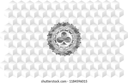 poker clover icon inside retro style grey emblem with geometric cube white background