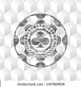 poker clover icon inside retro style grey emblem with geometric cube white background