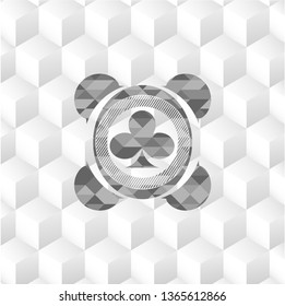 poker clover icon inside retro style grey emblem with geometric cube white background