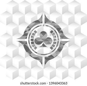 poker clover icon inside retro style grey emblem with geometric cube white background