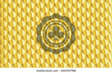 poker clover icon inside shiny golden badge. Scales pattern. Vector Illustration. Detailed.