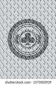 poker clover icon inside silver badge or emblem. Scales pattern. Vector Illustration. Detailed.
