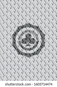 poker clover icon inside silver color emblem or badge. Scales pattern. Vector Illustration. Detailed.