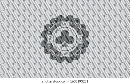 poker clover icon inside silver color badge. Scales pattern. Vector Illustration. Detailed.