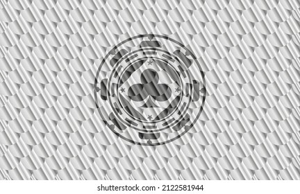 poker clover icon inside silver shiny emblem. Scales pattern. Vector Illustration. Detailed. 