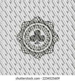poker clover icon inside silver color emblem. Scales pattern. Vector Illustration. Detailed. 