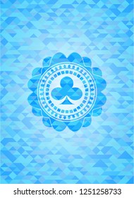 poker clover icon inside sky blue emblem with triangle mosaic background