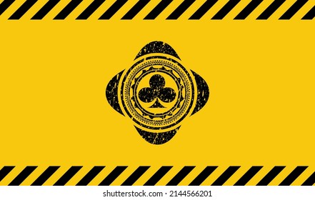 poker clover icon inside warning sign, black grunge emblem. Vector Illustration. Detailed. 