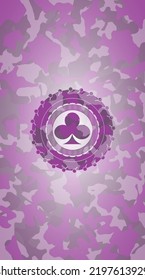 poker clover icon on pink and purple camouflage texture. 