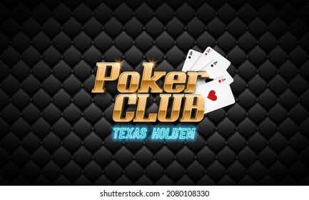 Poker club banner. Casino logo with playing cards and neon sign. Vector illustration.