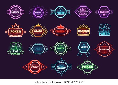Poker club and casino emblem set, neon light gambling sign vector Illustrations