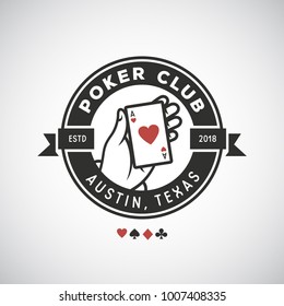 Poker club emblem label badge logotype. Hand of a man holding ace of hearts. Vector vintage illustration.