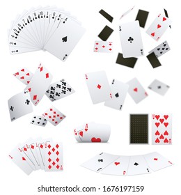 Poker club game player cards sets deck spread 4 aces royal flush hand realistic collection vector illustration 