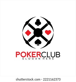 Poker club logo. Ball illustration vector logo design with pick ax elements and poker card symbols.