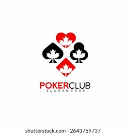 Design de logotipo do clube de poker com símbolo de cartão de poker com folha de bordo.