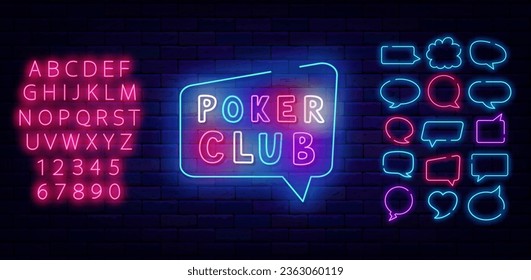 Poker club neon label. Glowing sign for casino. Think cloud frames collection. Card game. Glowing handwritten text. Luminous pink alphabet. Simple invitation. Editing text. Vector stock illustration