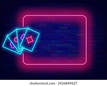 Poker club neon promotion banner. Playing cards and empty pink border. Casino flyer. Bonus and surprise. Winning gamble concept. Copy space. Editing text. Vector stock illustration