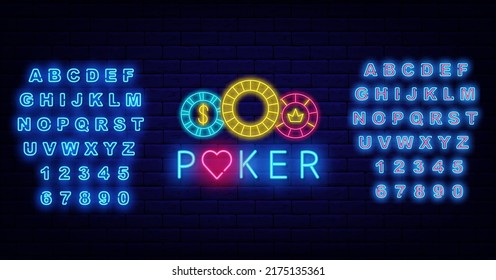 Poker club neon sign with chips. Bright advertising. Shiny blue and pink alphabet. Online gambling game. Winner concept. Glowing label on brick wall. Editable stroke. Vector stock illustration