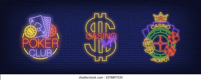 Poker club, night casino, jackpot neon sign set. Logo collection with playing cards, roulette and dollar symbol. Night bright advertisements. Vector illustrations for casino