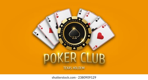 Poker Club. Realistische Chip-Spade und Ass-Karten aller Anzüge. Glücksspielstein-Münze mit Anzugspaden. Banner für Web-App oder Website. Vektorplakat für die Meisterschaft.