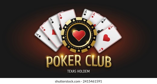 Poker Club. Realistic playing token chips hearts and playing ace cards of all suits. Gambling coin with suit hearts. Banner for web app or site. Vector poster for championship.