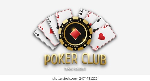 Poker Club. Realistic playing token chips diamonds and playing ace cards of all suits. Gambling coin with suit diamonds. Banner for web app or site. Vector poster for championship.