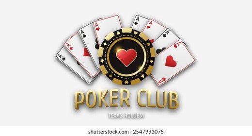 Poker Club. Realistic playing token chips hearts and playing ace cards of all suits. Gambling coin with suit hearts. Banner for web app or site. Vector poster for championship.