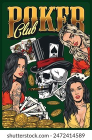 Poker club vintage poster colorful with lucky girls making cash bets and winning jackpot in card games vector illustration