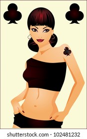 Poker clubs girl card. vector illustration