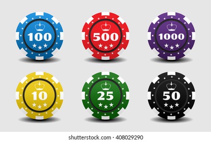 Poker colorful chips set on white background. Vector Illustration.