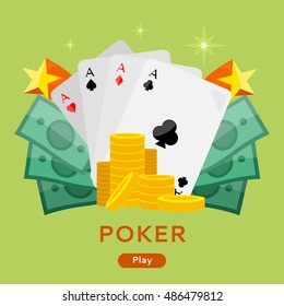 Poker concept vector web banner in flat style. Cards with aces, dollar bills, golden coins. For gambling online services ad, sport lottery services startups, landing page design. On green background