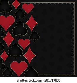 Poker dark vector background, card symbols and gold frame 