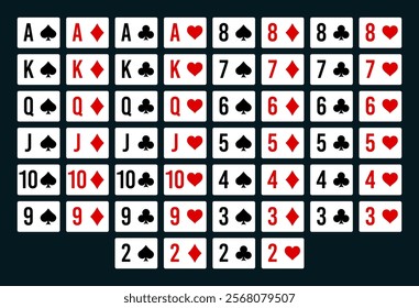 Poker deck of cards for online game with isolated cards. Set of Poker and casino playing cards, full deck. Vector illustration.