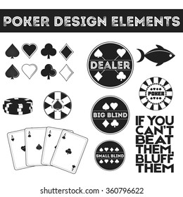 Poker design elements, icons, quote, label. Moochrome poker game elements for invitations, cards, poker room design