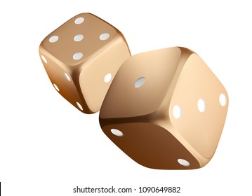 Poker dice. View of golden white dice. 