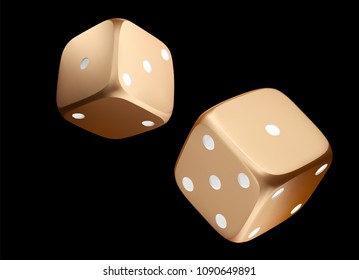 Poker dice. View of golden white dice.