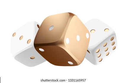 Poker dice. View of golden white dice. Casino gold dice on white background. Online casino dice gambling concept isolated on white